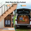 A split image showing a foldable wagon stored under stairs at home and another wagon loaded in the trunk of a car. Produktbild-Vorschau