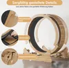 A close-up marketing image showcasing the details of a wooden cat treadmill, with callouts highlighting its features. Voir les images du produit