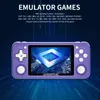 A purple ANBERNIC handheld gaming console is displayed against a dark blue, abstract background with glowing lines. Produktbild-Vorschau