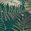 A close-up view of a green tablecloth with a gold Monstera leaf pattern, featuring water droplets on the surface. Produktbild-Vorschau