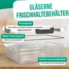 An exploded view diagram of a glass food storage container, highlighting its components and features. Produktbild-Vorschau