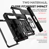 Exploded view of a black phone case with callouts highlighting its features and materials. Produktbild-Vorschau