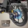 Close-up of an electric bike's rear wheel and motor, with text overlays highlighting features. Produktbild-Vorschau