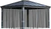 A gray gazebo with sheer gray curtains. Voir les images du produit
