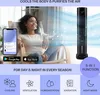A woman relaxing in a chair while a tower fan cools and purifies the air around her. The image also shows a smartphone displaying an app and icons for different functions. Náhľad obrázku produktu