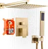 A shower system with a rain shower head, hand shower, and control valve, shown with water flowing. Podgląd zdjęcia produktu