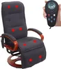 A dark gray massage chair with red dots indicating massage points, shown with a remote control held in a hand.