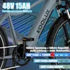 Close-up of an electric bicycle frame with text overlays highlighting battery specifications and performance. Produktbild-Vorschau