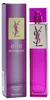 Pinkfarbener Glasflakon des Damenparfums Yves Saint Laurent Elle mit goldener Logo-Platte, daneben passende violette Verpackung mit Linienmuster. Produktbild-Vorschau