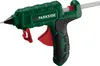 A studio shot of a green and black hot glue gun with a red trigger, set against a white background. Produktbild-Vorschau