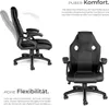 A marketing image showing a black office chair from two different angles, with German text describing its features. Produktbild-Vorschau