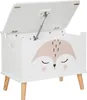 A white toy chest with a fox face design and wooden legs, with the lid open. Produktbild-Vorschau