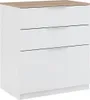 A white dresser with a wood-effect top and three drawers, shown from a slight angle against a white background. Voir les images du produit
