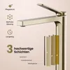 A close-up marketing image of a champagne gold faucet, highlighting its features with text and diagrams. Voir les images du produit