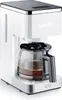 A white and silver coffee maker with a glass carafe filled with coffee, set against a white background. Produktbild-Vorschau