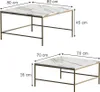 Two square coffee tables with marble-like tops and gold metal frames, shown with dimensions. Náhled obrázku produktu