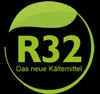 A green leaf shape is superimposed over the text "R32 Das neue Kältemittel" within a green circular border against a black background. Produktbild-Vorschau