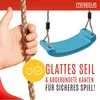 A hand holding a rope swing with a turquoise swing seat hanging from it, accompanied by marketing text and icons. Anteprima dell’immagine prodotto