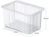 A clear plastic storage box with dimensions indicated. Voir les images du produit