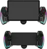 Two views of a black gamepad controller attached to a tablet and a smartphone. Voir les images du produit