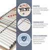 A close-up view of a wooden bed frame with detailed callouts and descriptive text highlighting its features. Produktbild-Vorschau