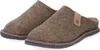 A pair of brown felt slippers with purple and gray trim, shown from a side angle on a white background. Produktbild-Vorschau