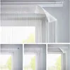 A collage of images showing a white string curtain hanging in a window, with close-ups of the top attachment methods. Produktbild-Vorschau