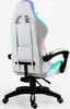 A white gaming chair with LED lighting is shown from the back and side. Produktbild-Vorschau