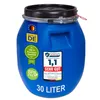 A blue plastic barrel with various labels and text. Produktbild-Vorschau