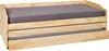 A wooden bed frame with a gray mattress, shown from a side angle with a pull-out drawer visible. Produktbild-Vorschau