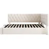 A beige upholstered bed frame with a tufted headboard and a slatted mattress base, shown from the side. Náhled obrázku produktu