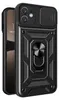 A black armor phone case with a camera cover and a ring holder is shown. Produktbild-Vorschau