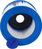 A close-up, angled view of a blue and white cylindrical filter. Voir les images du produit
