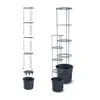Two assembled tomato growers are shown, one with a pot and one without, next to a disassembled version of the same product. Produktbild-Vorschau
