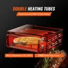 A close-up, stylized view of a commercial pizza oven with glowing heating elements and a pizza inside, set against a dark background. Text overlays highlight product features. Produktbild-Vorschau
