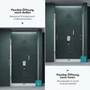 Two split images showing a shower enclosure with different door opening options. Produktbild-Vorschau