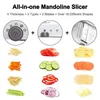 A collage of images showing a mandoline slicer and various vegetables cut into different shapes. Produktbild-Vorschau