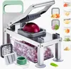 A multi-functional vegetable chopper with various blade attachments and a collection container filled with chopped onions. Produktbild-Vorschau