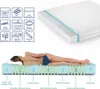 A woman is lying on a mattress, with a diagram of the mattress showing different zones and features. Produktbild-Vorschau