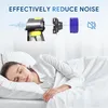A woman sleeping peacefully in bed, with graphics above illustrating noise reduction. Produktbild-Vorschau