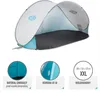 A pop-up beach tent is shown against a white background, with three circular inset images and text descriptions below. Produktbild-Vorschau