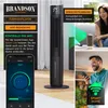 Collage showing a tower fan, a smartphone app interface, and people using smart home devices. Voir les images du produit