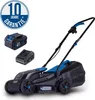 A cordless lawnmower with two batteries and a charger, presented against a white background. A circular badge indicating '10 Jahre Garantie' is visible in the top left corner. Podgląd zdjęcia produktu