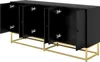 A black sideboard with its doors open, revealing the interior, resting on a gold metal frame. Voir les images du produit