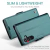 A close-up view of a teal-colored phone case with a wallet feature, showing its slim profile and camera protection. Produktbild-Vorschau