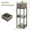 A diagram showing the dimensions of a multi-tiered shelf unit with a drawer, along with weight capacity indicators. Produktbild-Vorschau