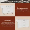 A split image showing a white kitchen cart with a wooden top. The top section displays the cart with wheels and text describing its 'movement mode'. The bottom section shows the cart with feet and text describing its 'fixed mode'. Voir les images du produit