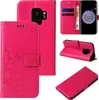 A collage of images showing a pink floral butterfly flip phone case for a Samsung Galaxy S9. Produktbild-Vorschau