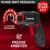 A black and red cordless drill with promotional text and graphics. Produktbild-Vorschau
