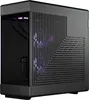 A black gaming PC case with a glass side panel and a patterned ventilation grille on the right side. Purple lighting is visible inside the case. Produktbild-Vorschau